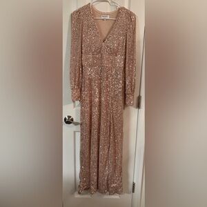 Sequin V-Neck Long Sleeve Prom Dress - Rose Gold
